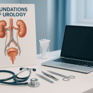 Realistic medical setting showing urinary system anatomy diagram and tools, supporting the urology course theme.