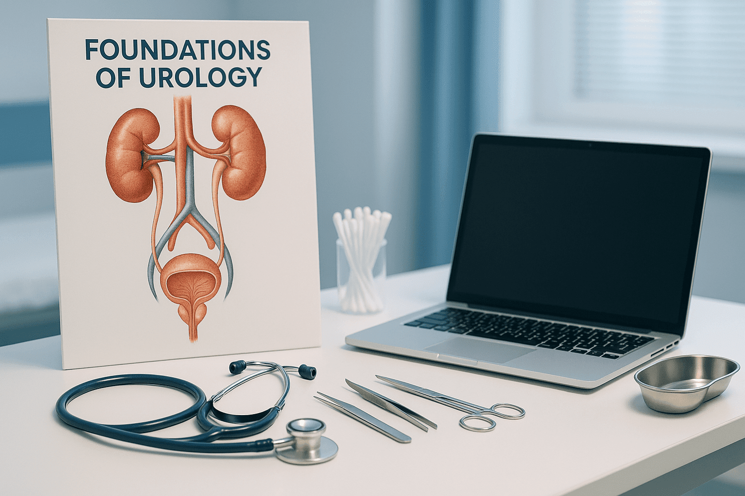 Realistic medical setting showing urinary system anatomy diagram and tools, supporting the urology course theme.