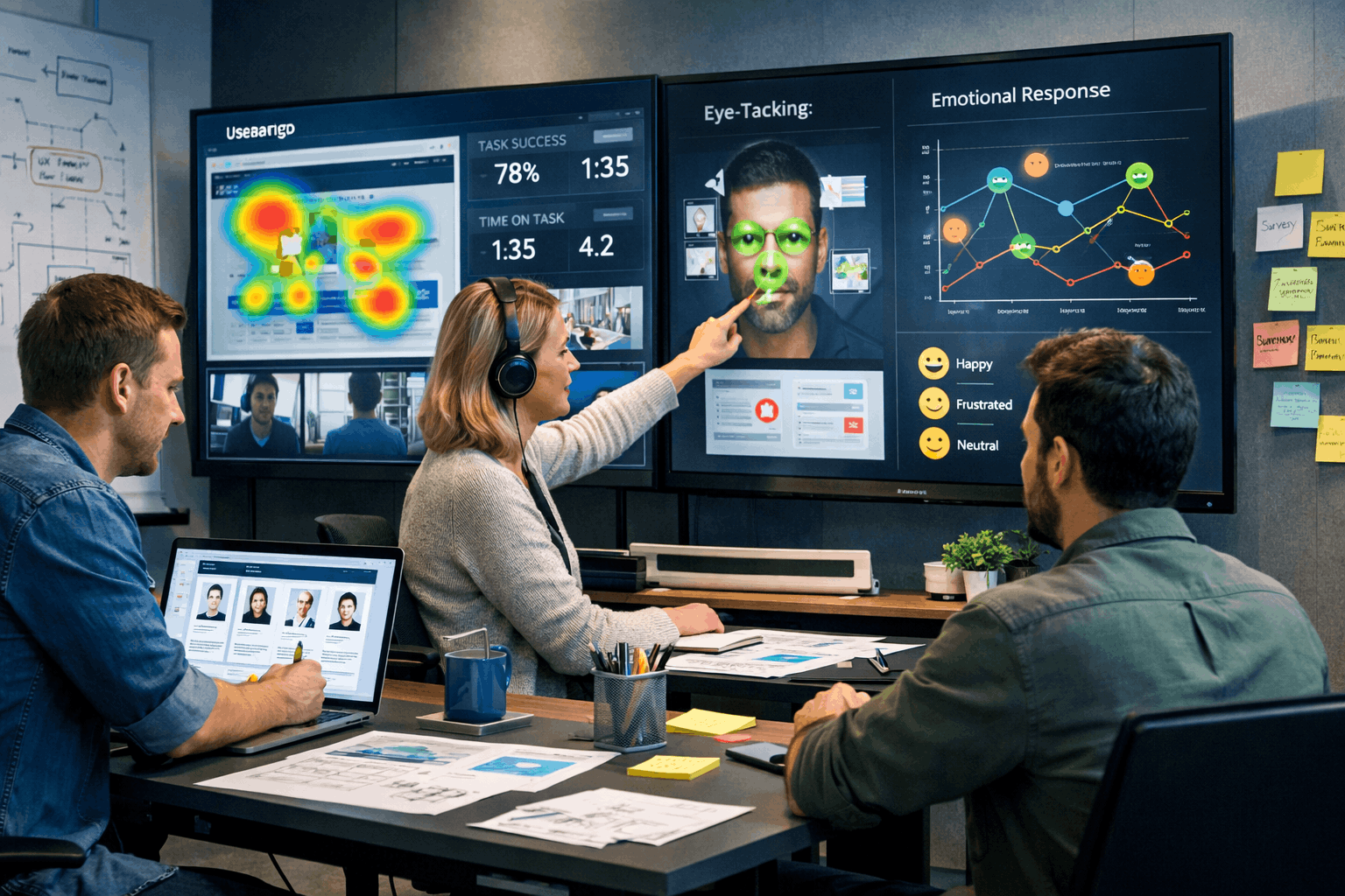 UX psychology training showing designers analysing user behaviour on digital interfaces in a modern design studio