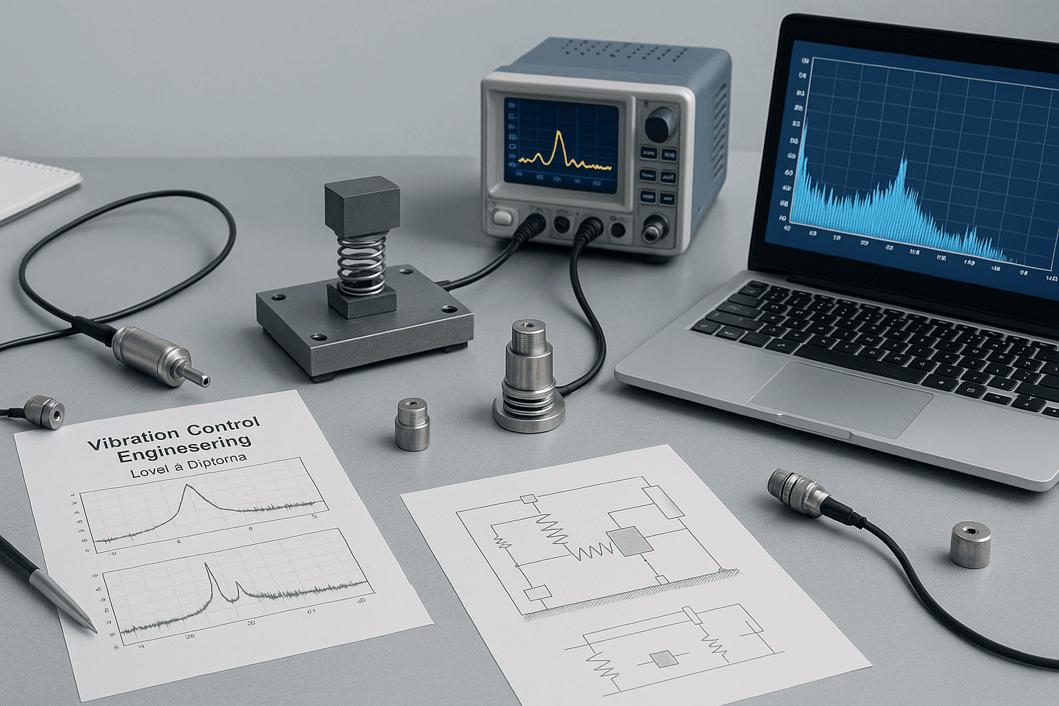 Engineering workspace with vibration control equipment, sensors, charts, and analysis tools for vibration control engineering training.