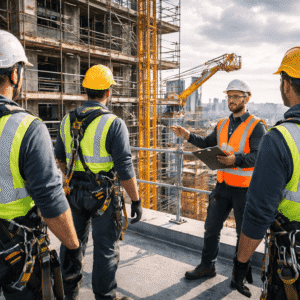 Working at Height Safety training showing workers using harnesses and fall protection on a high-rise site