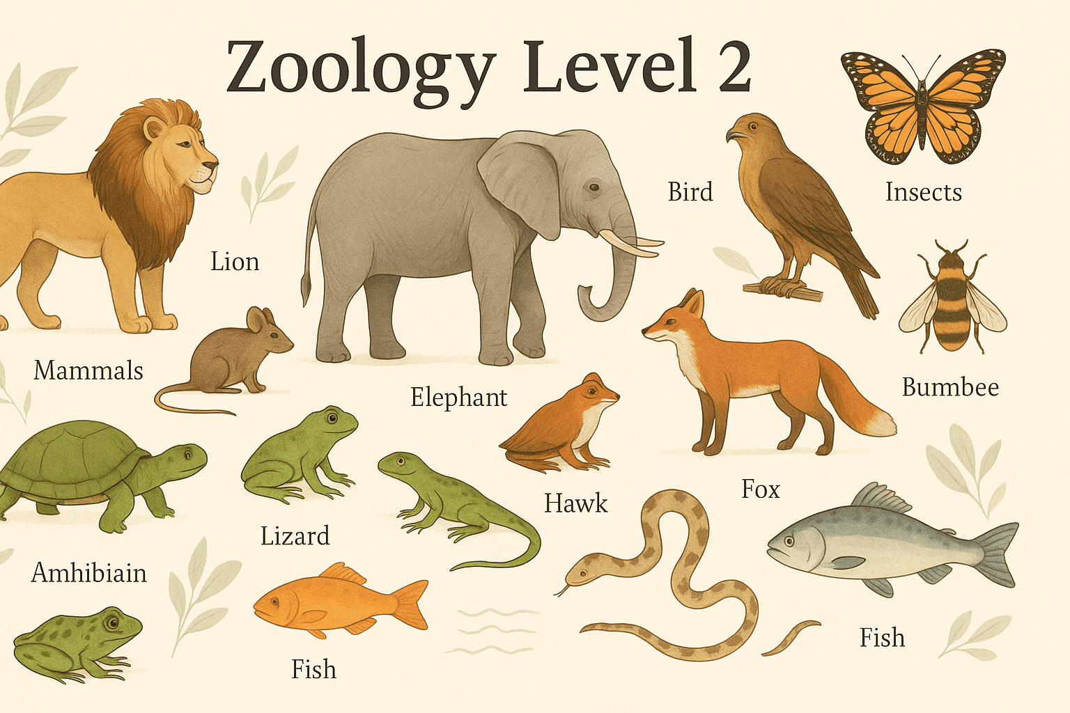 Zoology course Level 2 illustration showing diverse animals including mammals, birds, reptiles, and insects in a natural study setting.