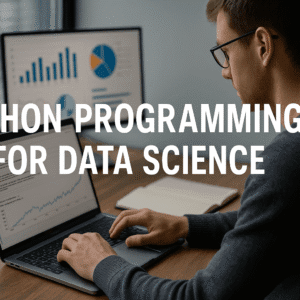 Python Programming Data Science course showing code on laptop with data charts