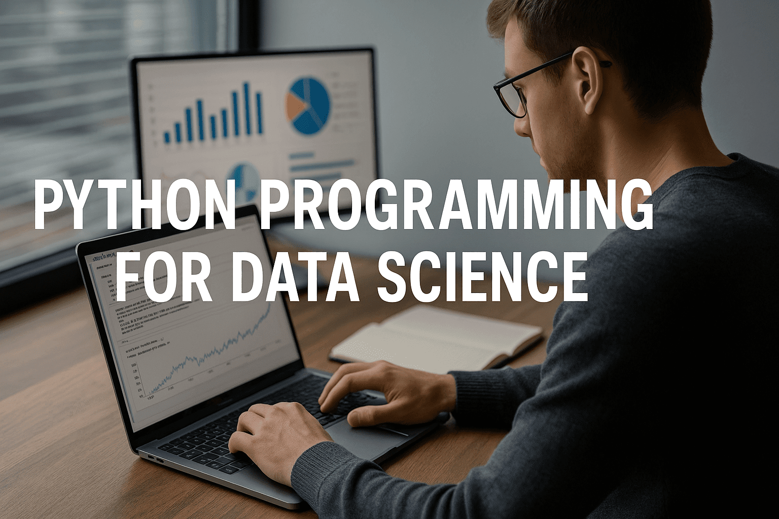 Python Programming Data Science course showing code on laptop with data charts
