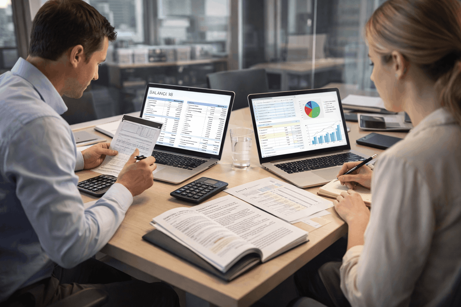 Students learning Accounting and Bookkeeping concepts with financial statements, balance sheets, and accounting software in a modern office.
