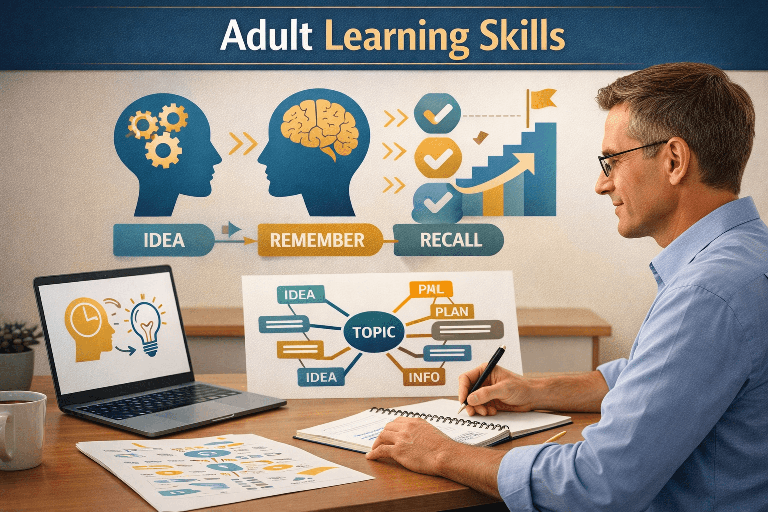 Adult learning skills course showing a mature learner using mind maps and brain-training tools in a modern study space