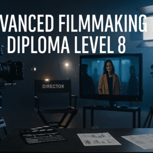 Advanced Filmmaking Diploma Level 8 banner showing camera gear, lighting panels and a film set environment.