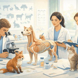 Animal science course showing students studying animal anatomy, wildlife and pet care in a modern lab setting