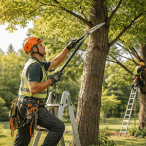 arboriculture training showing a tree specialist pruning and inspecting healthy trees in a professional outdoor environment