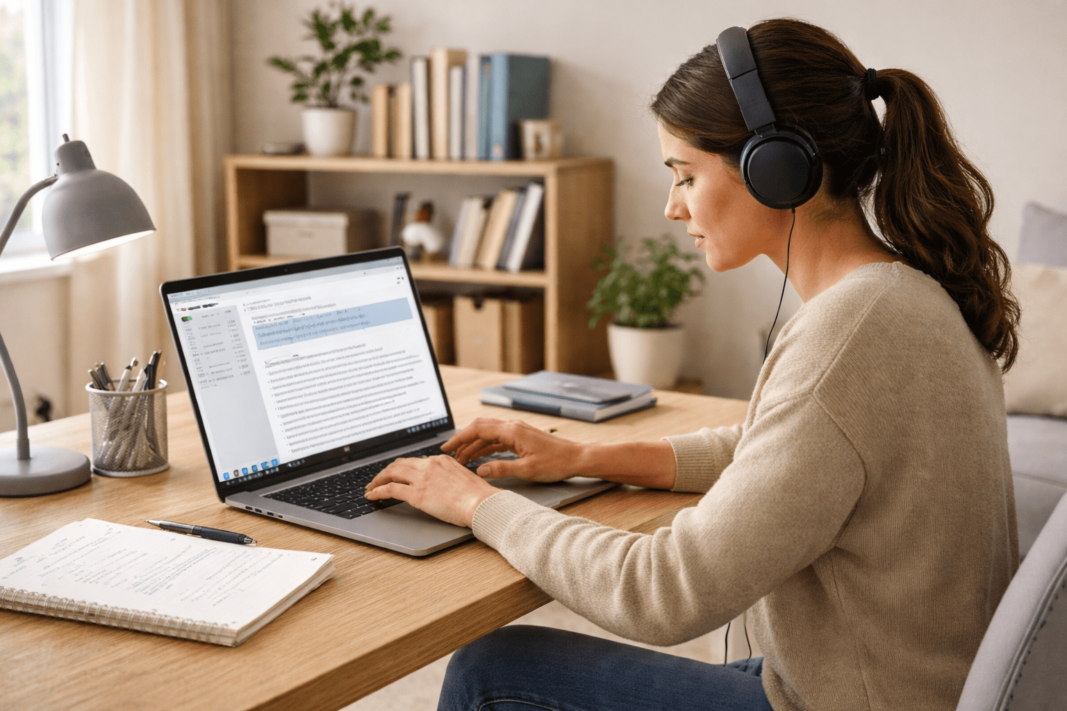 Student using headphones and laptop for audio typing course transcription training