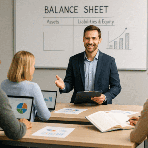 Business instructor teaching basic accounting and bookkeeping to beginners using ledgers and balance sheets