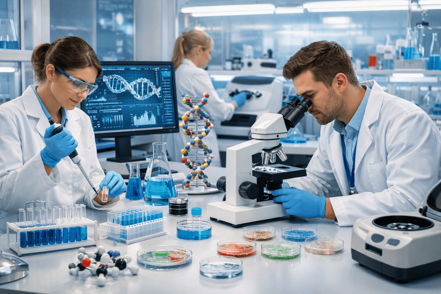 biotechnology training lab showing DNA analysis, microscopes and genetic research equipment