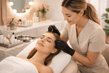 Beauty therapist performing brow lamination course treatment on a client in a modern salon setting