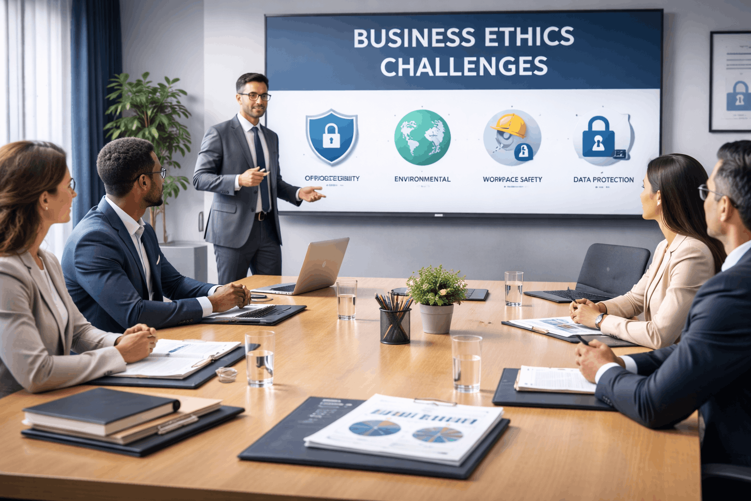 Professional business scene representing business ethics challenges such as cyber ethics, environmental responsibility, and workplace conduct