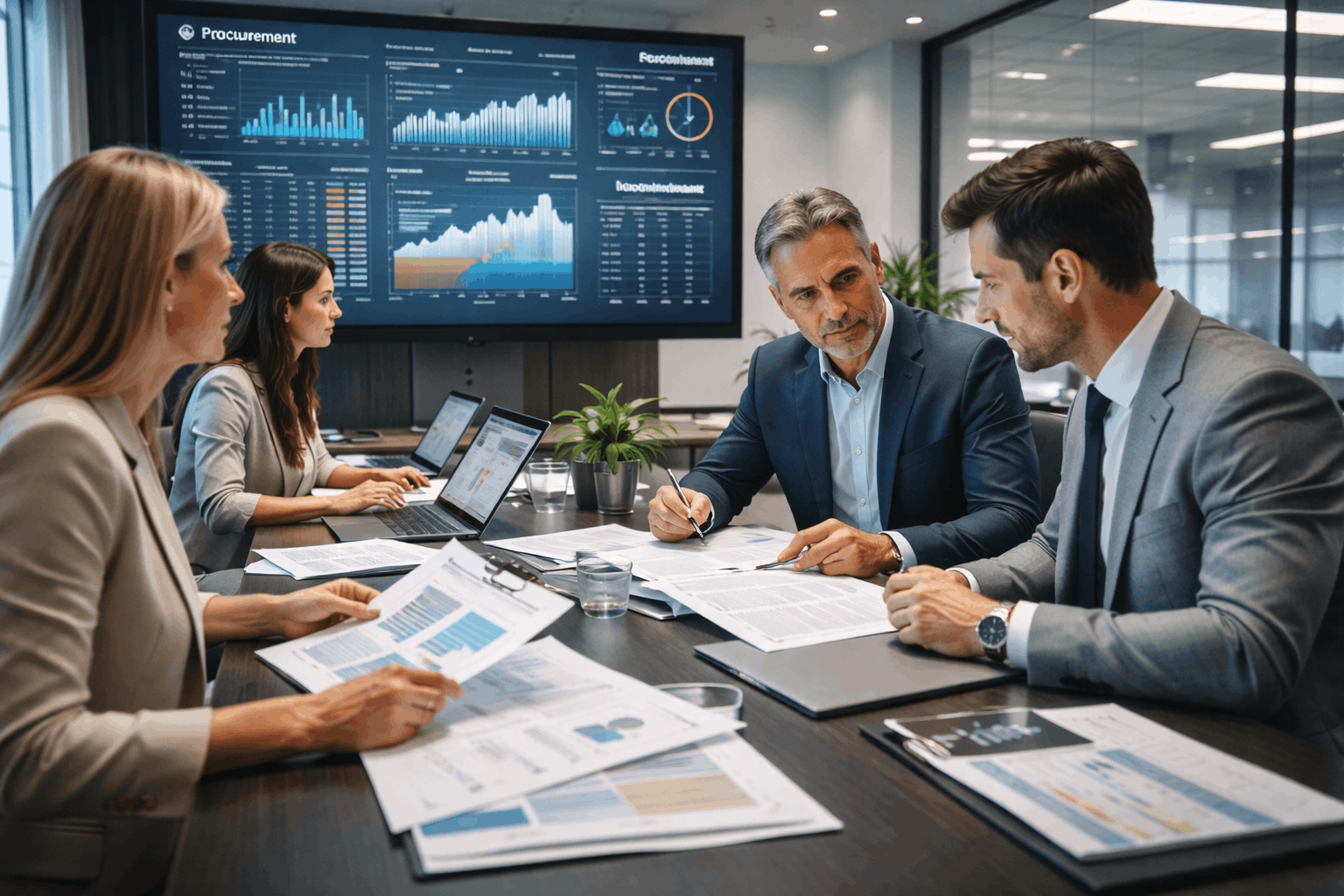 Senior buying professionals analysing supplier data and contracts during buying advanced diploma Level 8 training.