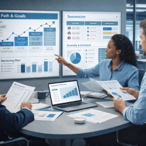 Career development planning course showing professionals reviewing career paths, mentoring and growth plans in a modern office