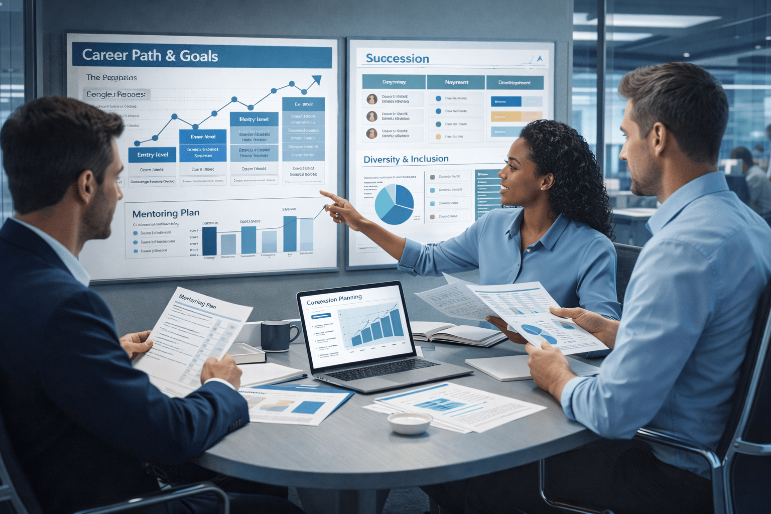 Career development planning course showing professionals reviewing career paths, mentoring and growth plans in a modern office