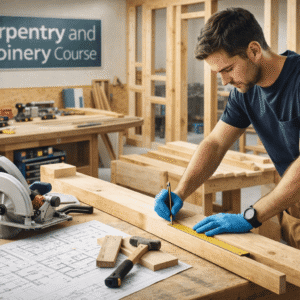 Professional carpenter working with wood and tools in a Carpentry and Joinery Course training workshop