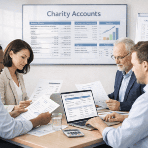 Charity accounting training showing a finance team reviewing charity accounts, fund statements and compliance reports