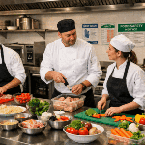 Chef training level 2 student preparing meat and vegetables in a professional training kitchen