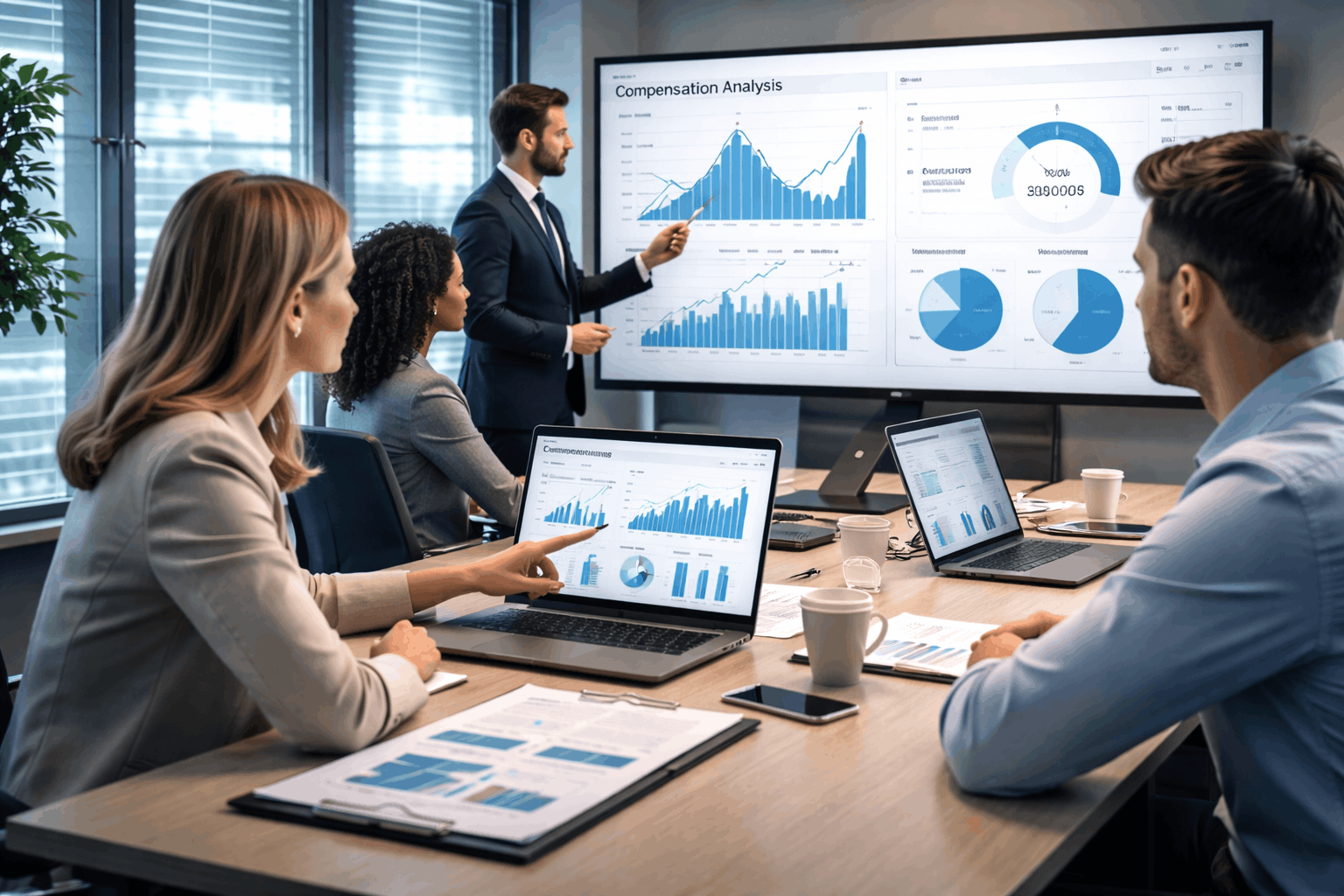 HR professionals analysing salary dashboards and charts in a Compensation Analytics Diploma Level 3 training environment