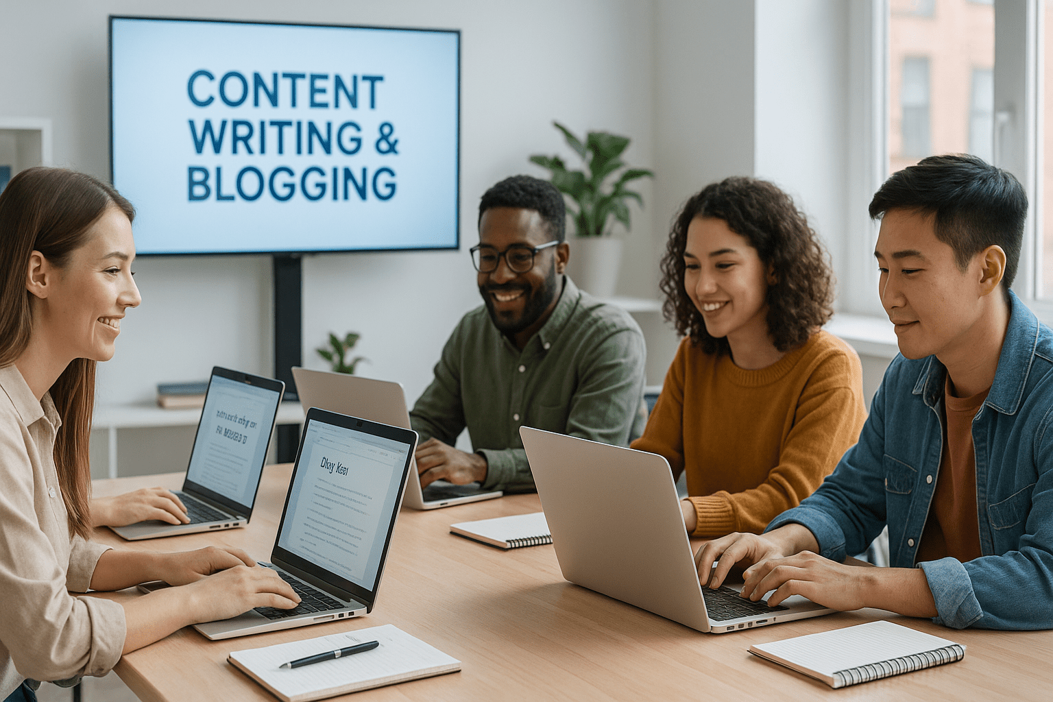 students learning content writing and blogging skills in a modern workspace