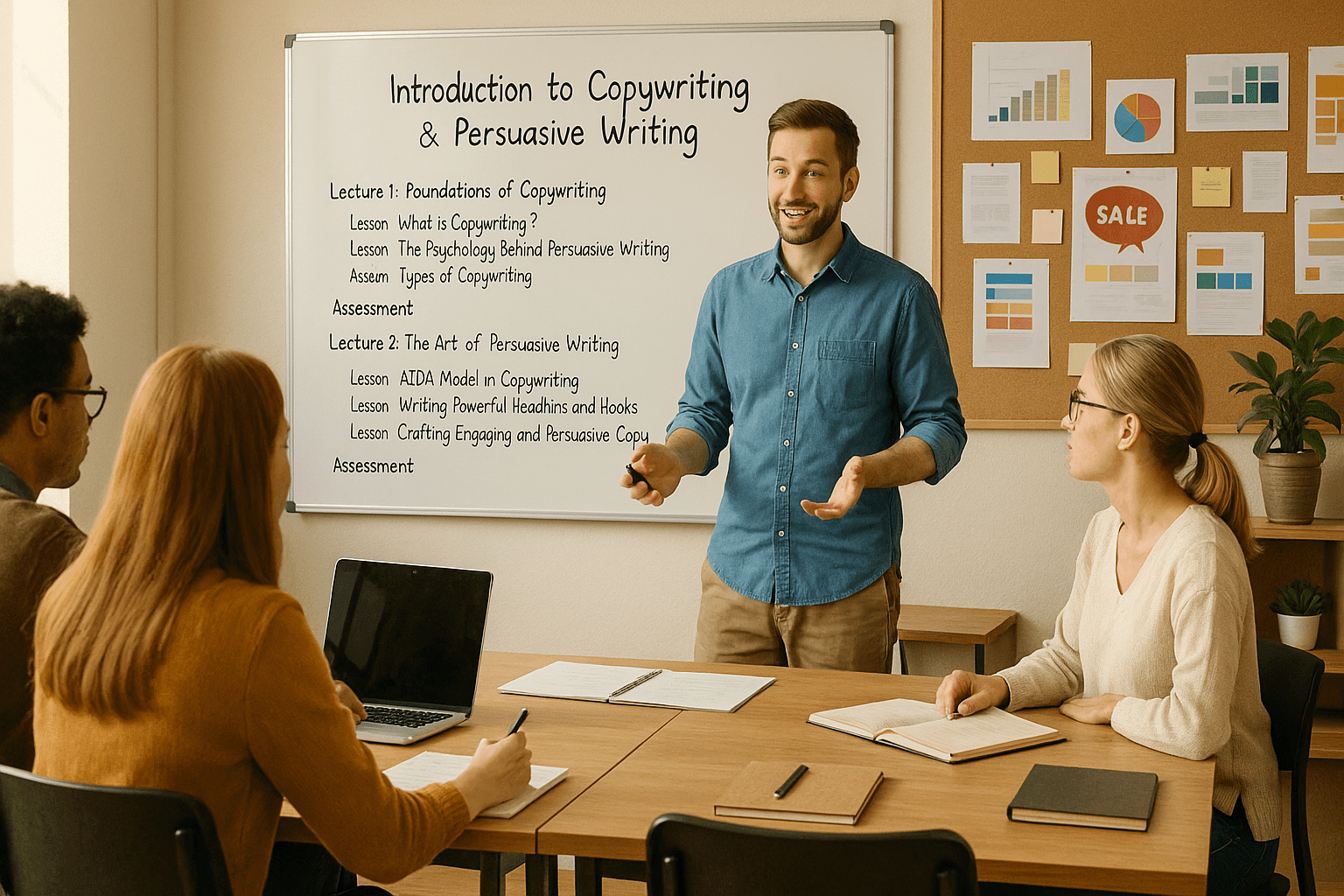 Instructor teaching copywriting and persuasive writing to adult learners in a creative workspace