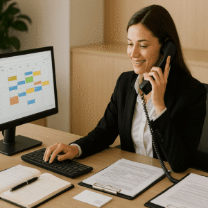 A receptionist at a corporate front desk using a computer, phone, and documents, representing the corporate receptionist course.