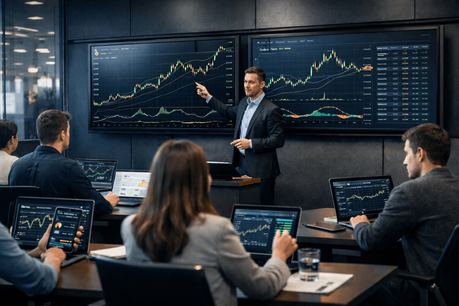 Professional trading classroom showing crypto price charts, indicators, and strategies for a Crypto Technical Analysis course.