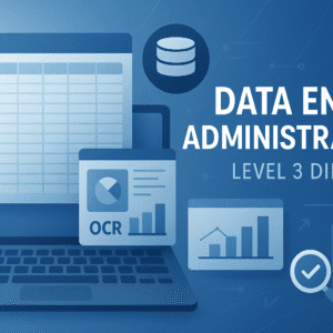 Professional data entry administrator banner showing spreadsheets, keyboards, database icons and accuracy-check visuals.