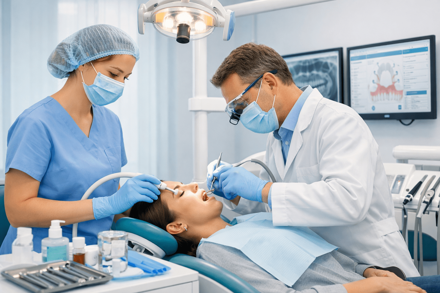 Dental nurse training online showing a dental nurse assisting a dentist in a modern clinic