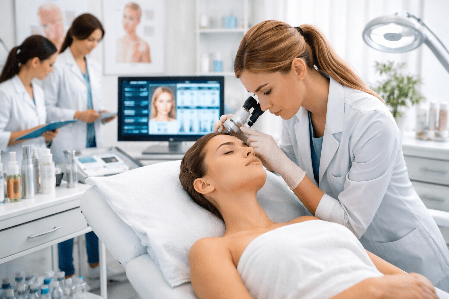 Dermatology skin care training showing professional skin examination and treatment
