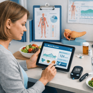 Professional diabetes management course showing blood sugar tracking and healthy lifestyle learning