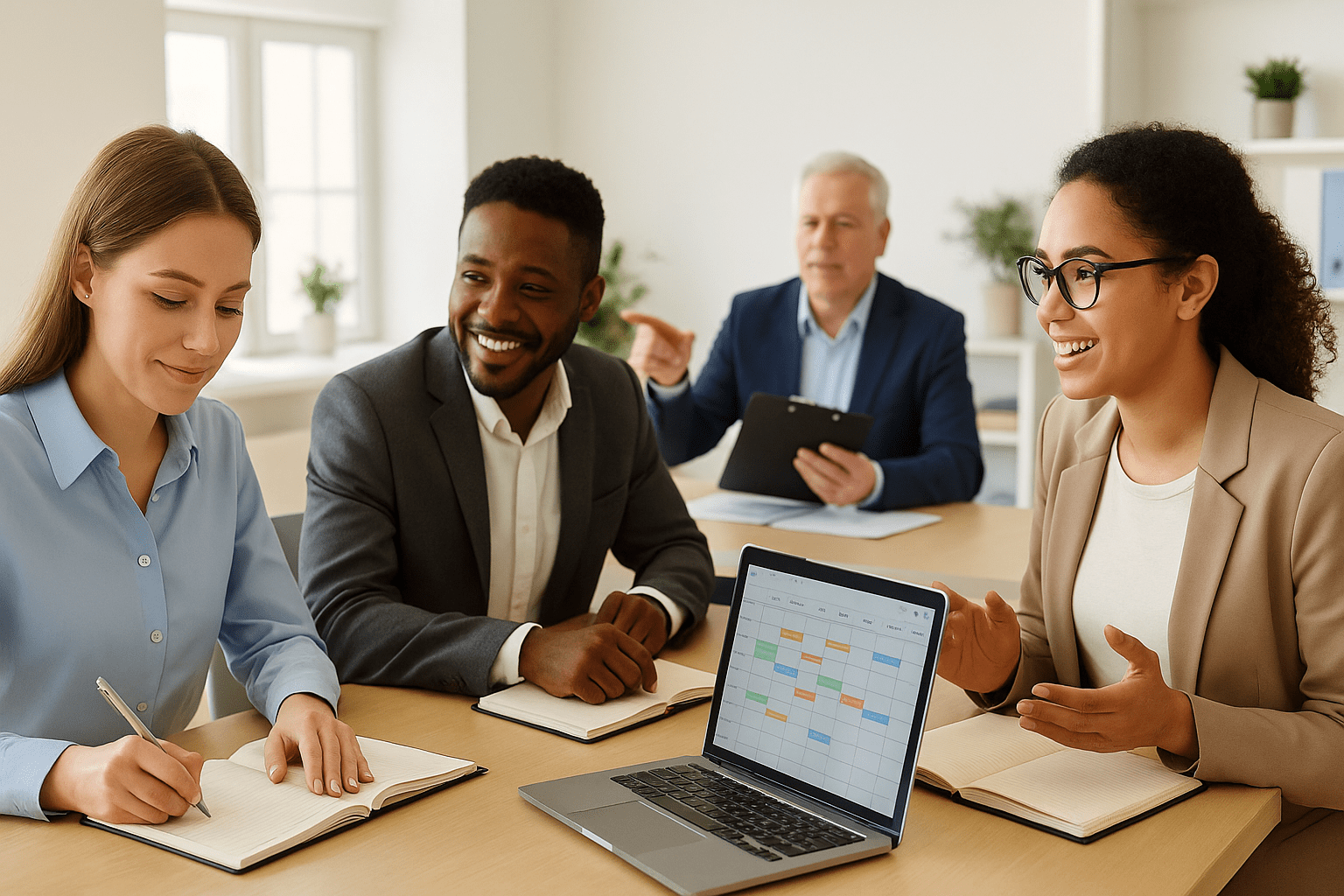 Professional office scene showing diary management training with calendars, laptops, and scheduling tools.