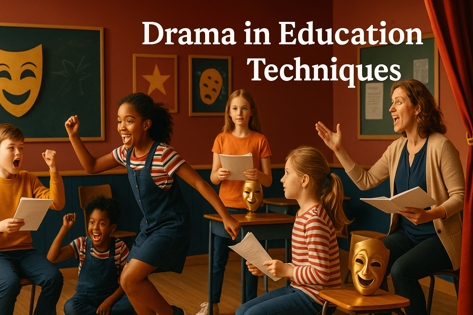 Teachers and students using role-play, movement, and creative expression in a classroom scene for Drama in Education Techniques.