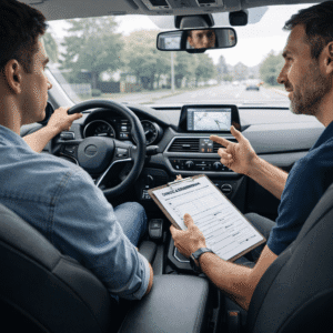 Professional driving lesson scene illustrating skills taught in a driving instructor course, including coaching and assessment.