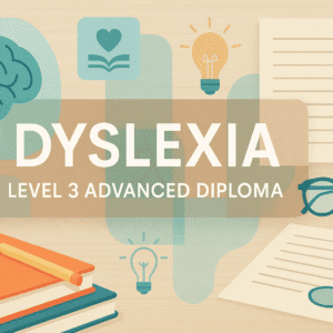 Dyslexia Diploma banner showing brain graphics, learning tools and supportive teaching symbols in a calm educational setting.