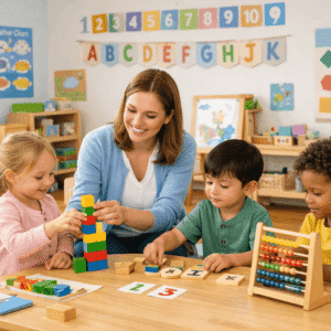 Professional early years classroom showing childcare training for Early Years Educator Level 3 with EYFS learning activities.