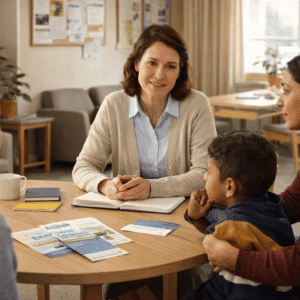 Family Support Worker speaking with parents and children in a safeguarding and support setting