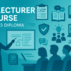 FE lecturer course banner with classroom visuals, teaching icons, digital tools and inclusive learning graphics.