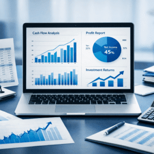 finance fundamentals course showing financial charts, balance sheets and growth analysis on a professional learning workspace