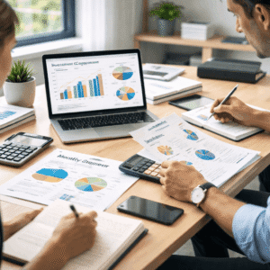 Learners studying financial planning using budget charts, investment comparisons, and financial reports in a modern workspace.