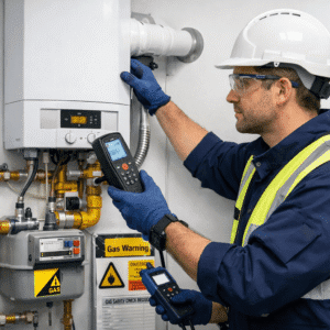 gas engineer training showing a professional inspecting gas appliances, ventilation and safety controls in a modern UK home