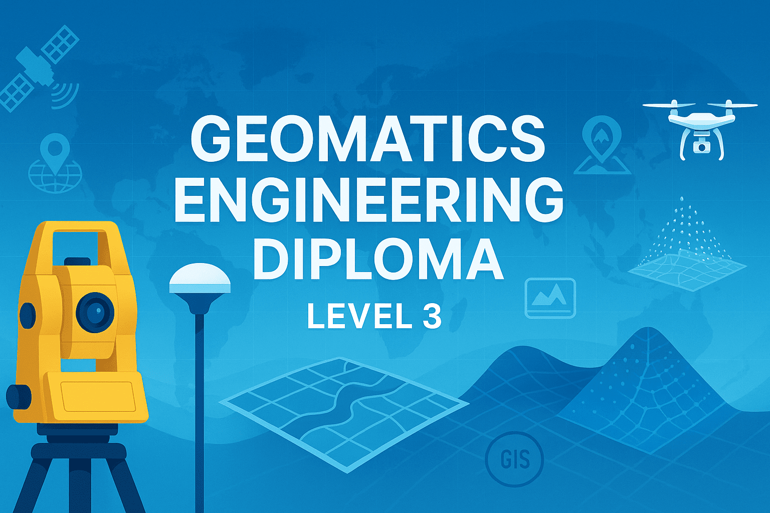 Geomatics engineering diploma banner showing surveying tools, GPS, GIS maps, LiDAR and geospatial technology icons.