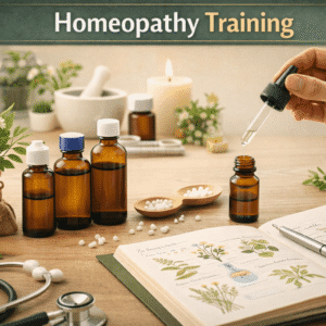 Homeopathy training course showing natural remedies, herbal drops and holistic healing tools in a calm clinic setting
