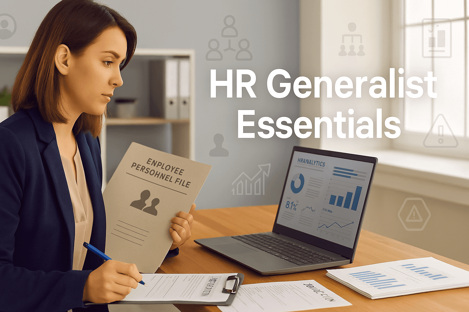 HR Generalist course banner showing HR professional reviewing employee files, analytics charts, and recruitment documents.