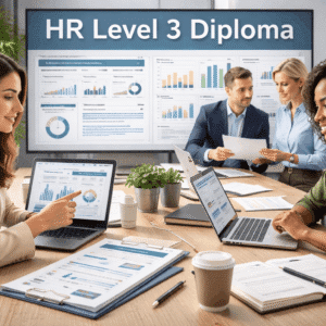 HR Level 3 Diploma course image showing recruitment, employee engagement, HR analytics, and professional workplace discussions