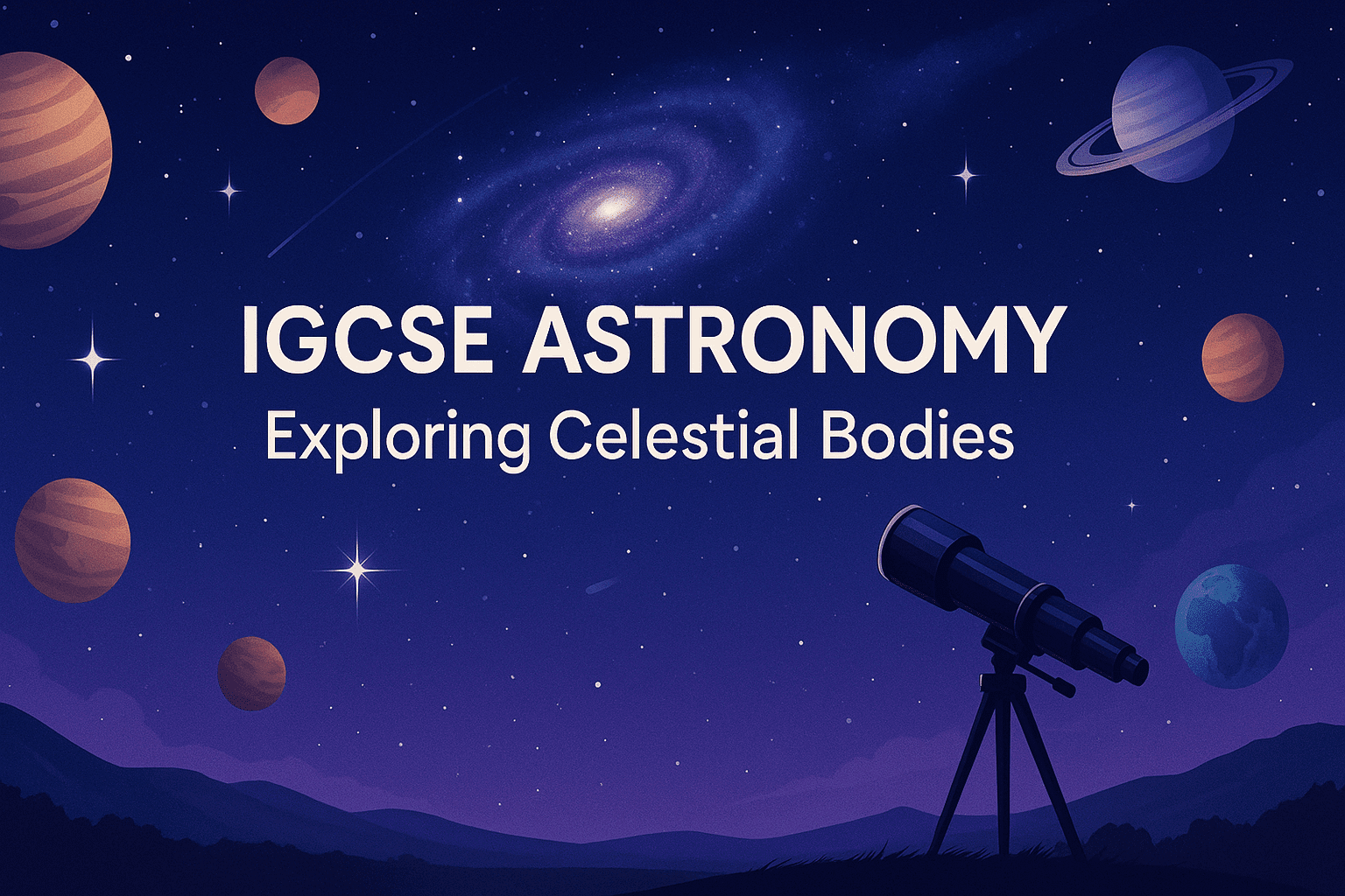 IGCSE Astronomy course image showing planets, stars, and telescopes in a clear night-sky learning scene.