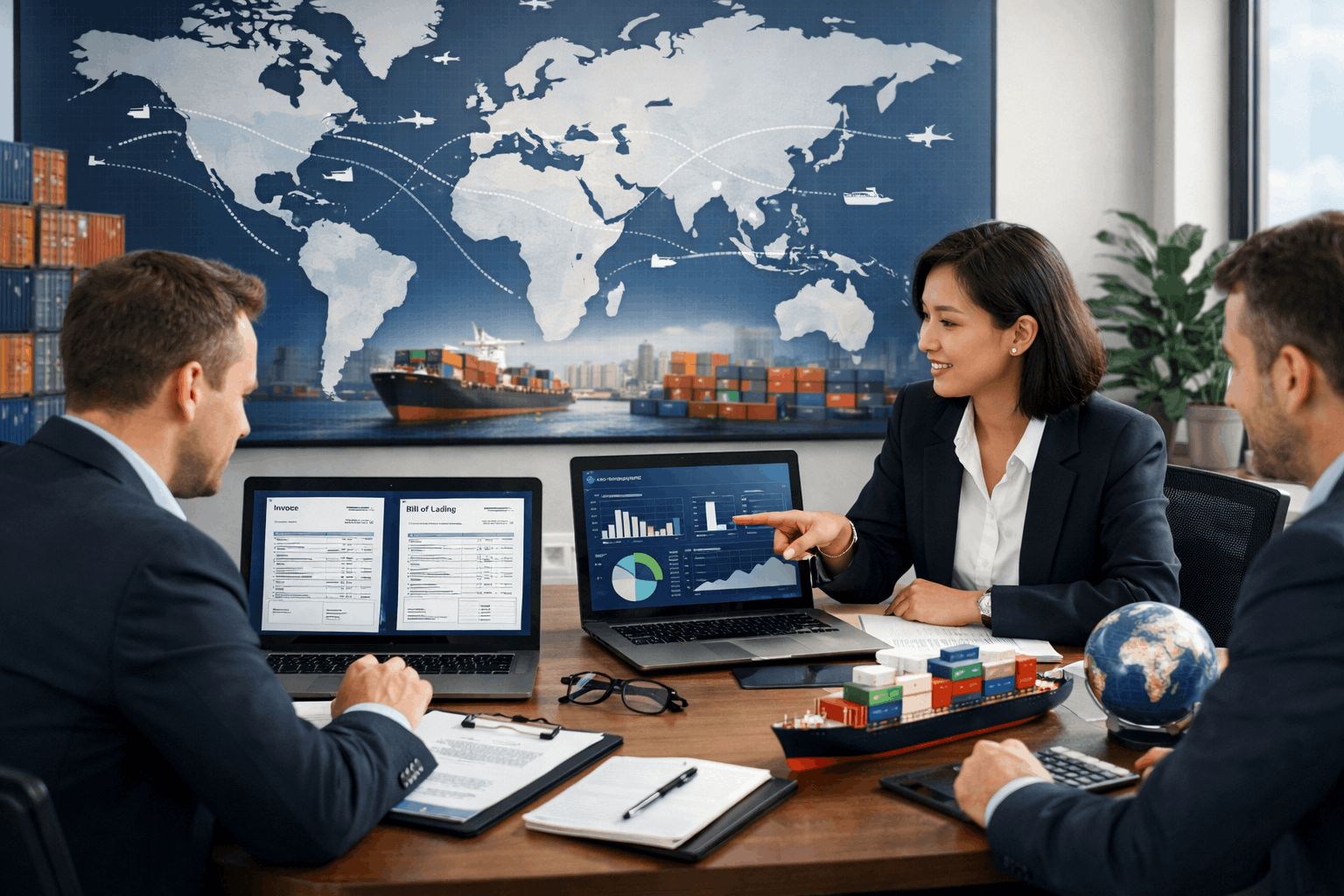 Import export course showing global trade operations, shipping routes, logistics planning, and international business professionals