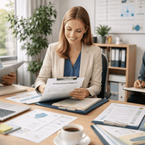 Professional education quality review meeting showing Internal Quality Assurer Level 3 assessment monitoring and compliance review.